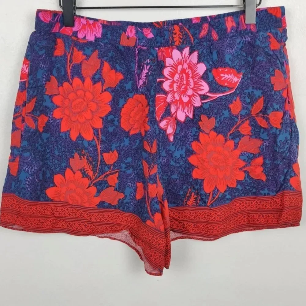 Anthropologie Red and Blue Floral High Waist Shorts small